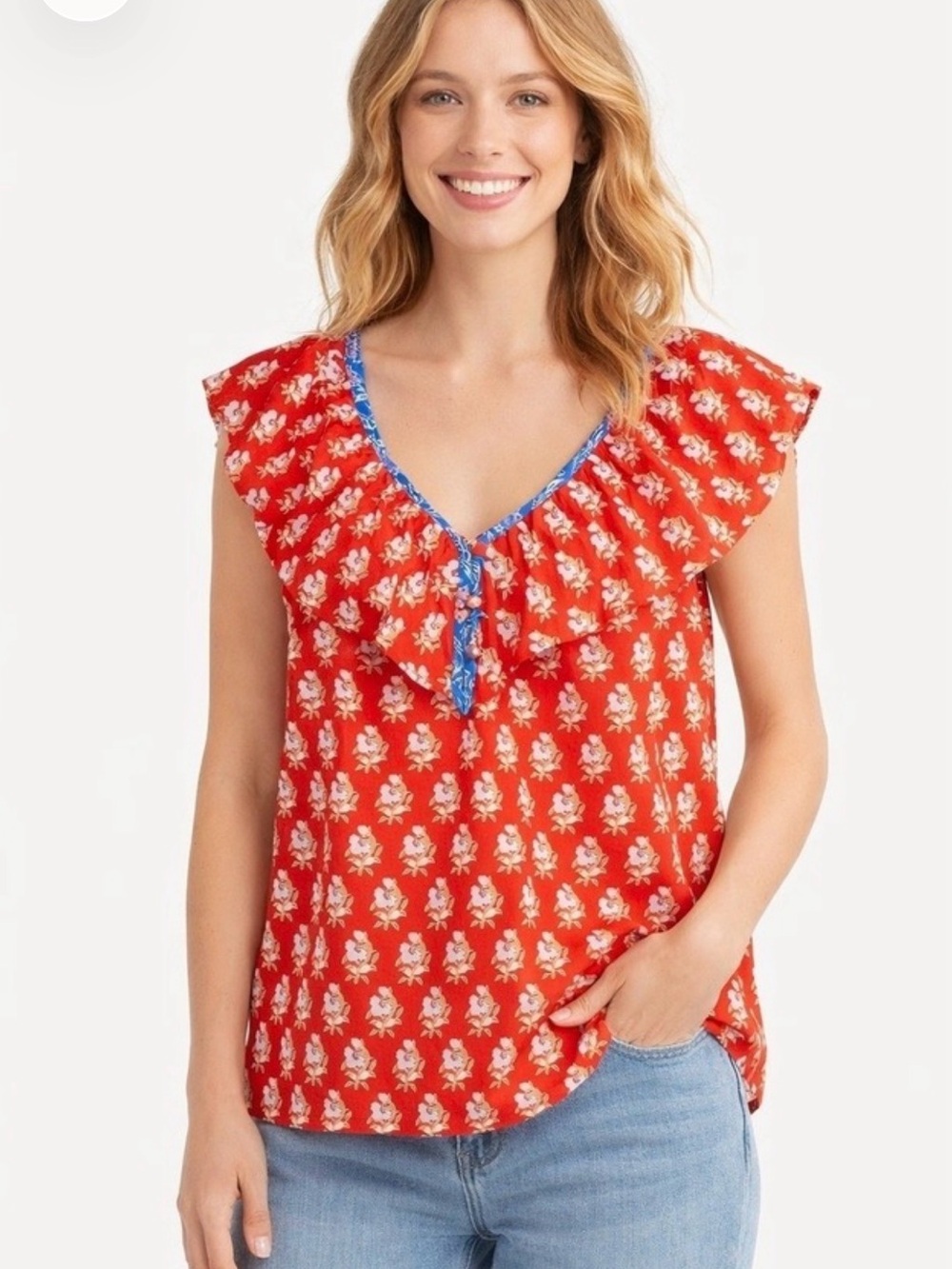 J. Crew Red Floral Ruffle Neck Shell with Blue Trim